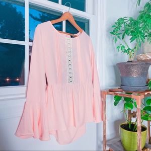NWT The Moon Feminine Sheer Lace Detail Open Back Peplum Top Pastel Pink